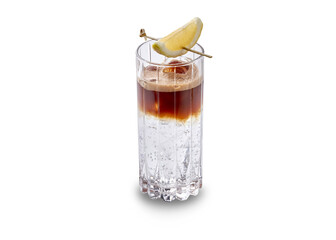 A refreshing and layered espresso tonic with a slice of lemon, perfect for a summer day.