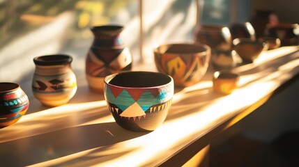 Traditional Native American pottery displayed in a sunlit museum setting with neutral tones and soft natural light