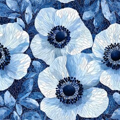 blue anemone flowers in stained glass style