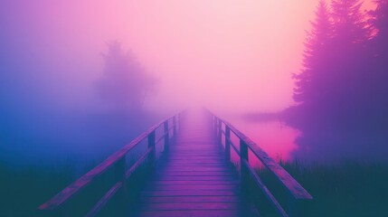 Scenic view of a wooden bridge crossing a calm tidal inlet, surrounded by misty morning light, peaceful and natural, serene and atmospheric