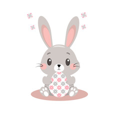 Cute Grey Easter Bunny Holding Floral Decorated Egg, Adorable Cartoon Rabbit with Pink Cheeks and Flowers, Spring Holiday Illustration
