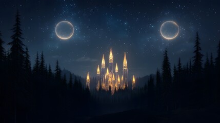 Naklejka premium Enchanting Nighttime View of a Fantasy Palace Surrounded by Mystical Forest Under the Stars
