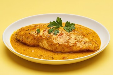 Chicken breast in creamy sauce with parsley garnish on a white plate