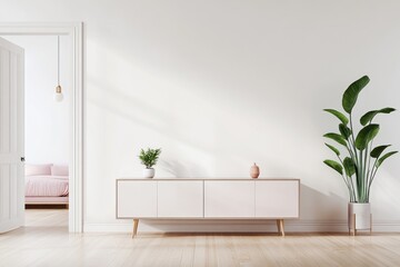 Minimalist living room with pale pink cabinet, plants, and open door to bedroom.