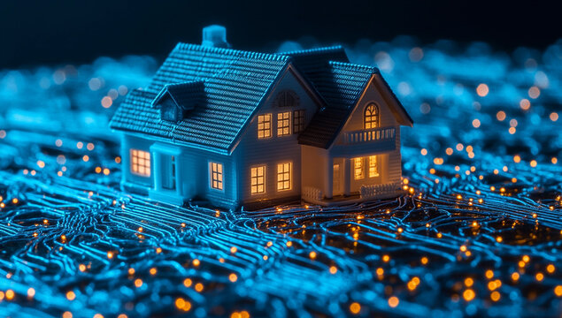 Modern technology housing concept represented by glowing miniature house surrounded by digital connections