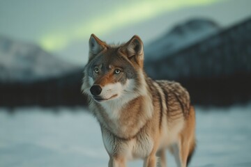 Obraz premium Majestic wolf stands in snowy landscape illuminated by northern