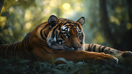 Obraz premium Majestic Malayan tiger resting in lush forest, serene and powerful