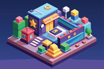 Obraz premium A detailed isometric illustration showcases a customizable pop-up structure surrounded by vibrant urban elements, Pop-up Customizable Isometric Illustration