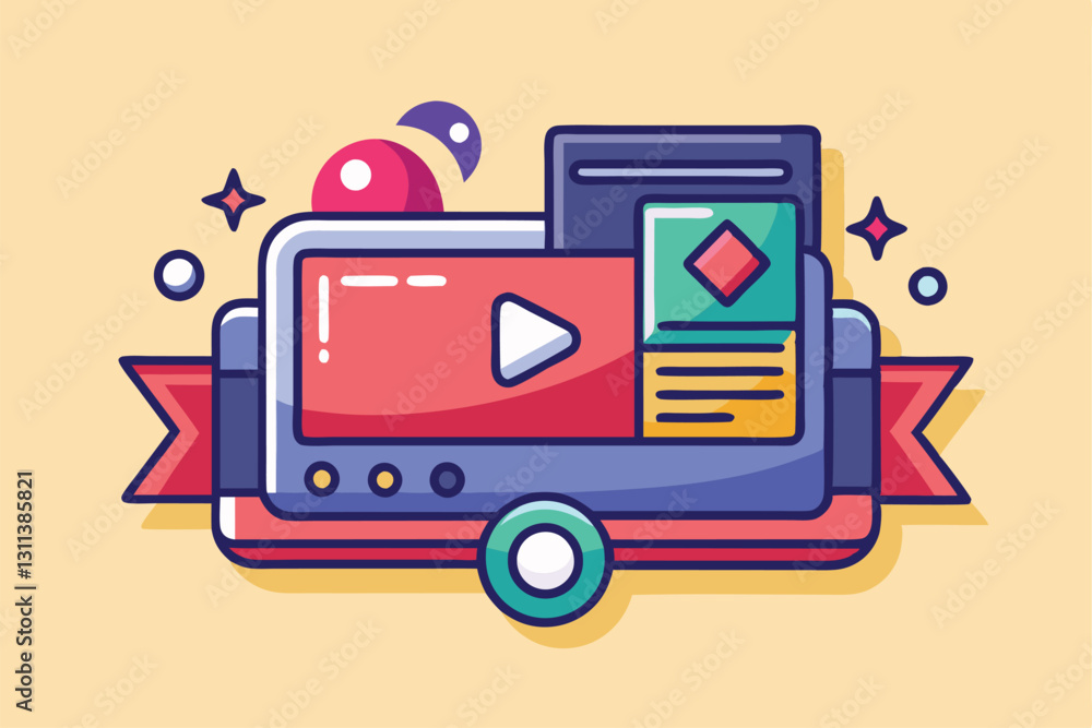 Poster stylized design element featuring interactive elements for enhancing video presentations online, pop