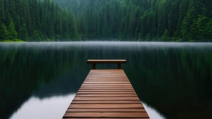 Fototapeta premium Dock extending into a mistcovered lake, with a bench at the end, inviting solitude and contemplation in the soft morning light, 3D render