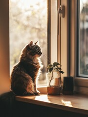 Fluffy cat enjoys warm sunlight on a Scandinavian windowsill with cozy wooden textures and peaceful shadows