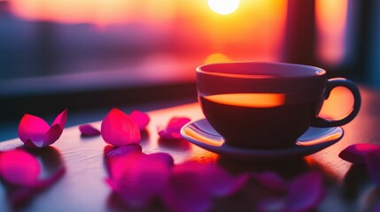 White cup filled with herbal tea placed on a wooden table surrounded by lotus petals, soft natural light, minimalistic style,