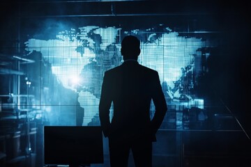 Businessman Silhouette in Front of Digital World Map Display