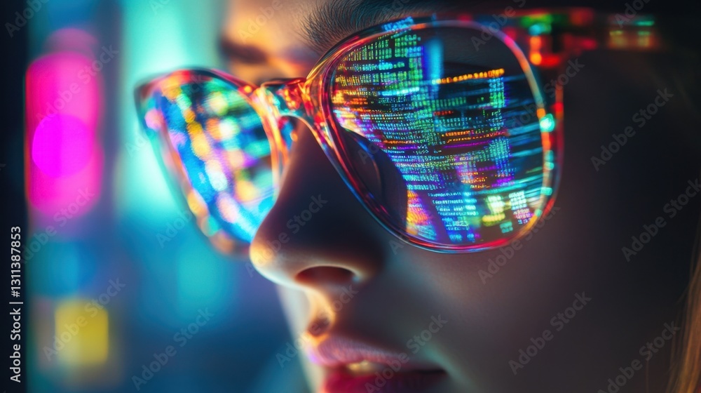 Poster woman programmer coding at night reflected in glasses