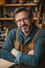 Obraz premium Confident Woodworker In Apron Portrait, Craftsman With Crossed Arms In Workshop, Expertise