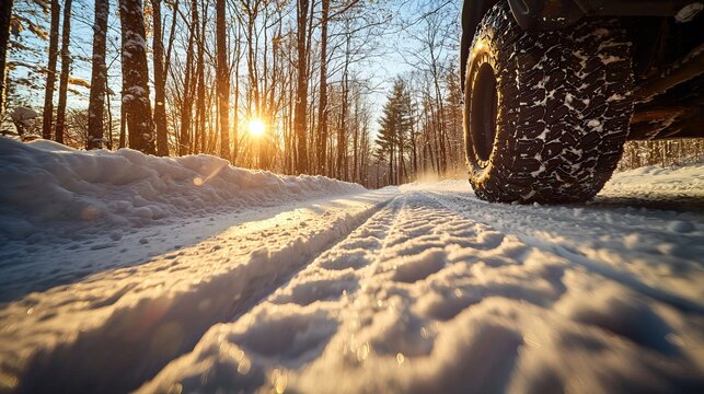 Off-Road Vehicle Driving Through Snowy Forest Trail at Sunset with Deep Tire Tracks