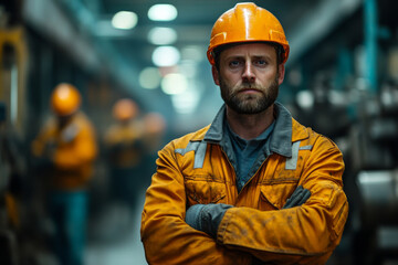 Industrial worker in orange helmet and jacket, focused and strong