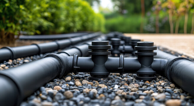 Long sections of polyethylene pipe are laid on a bed of gravel, surrounded by greenery, indicating preparation for a plumbing or irrigation project