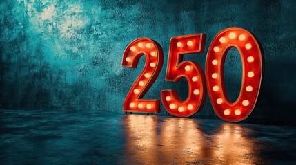 Illuminated Red Number 250 with Vintage Marquee Lights on Textured Blue Wall Background