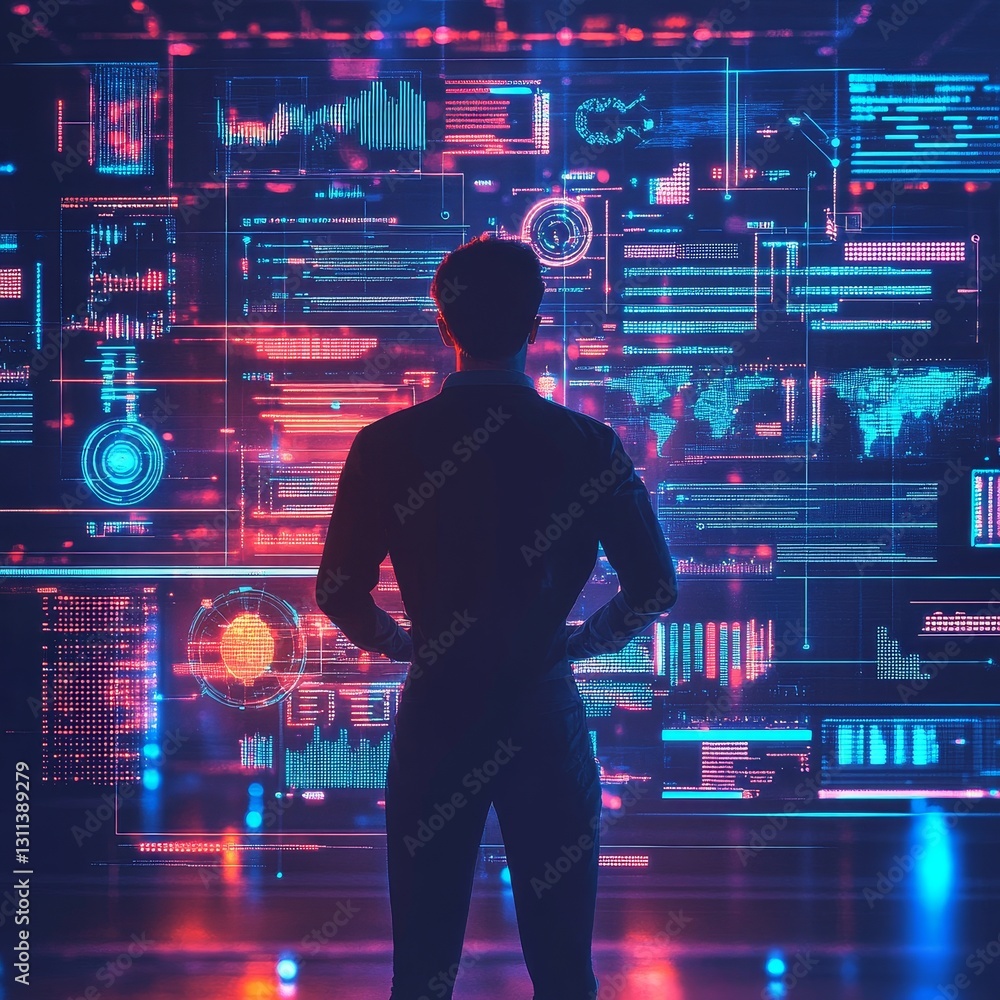 Poster a man stands in front of a computer monitor with a lot of information on it