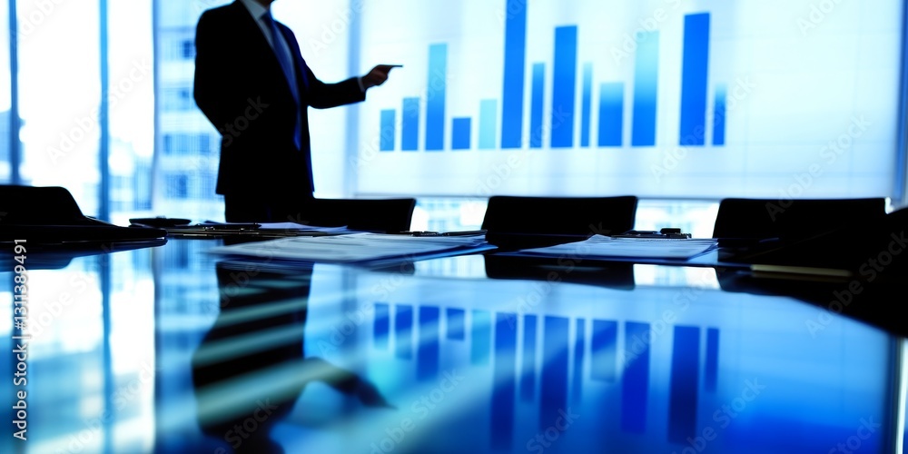Poster a man is pointing at a projection screen with a graph on it