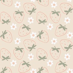 Seamless pattern with strawberries and flowers against a light beige background.