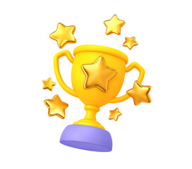 Cartoon champion cup with golden stars isolated on white background. Clipping path included