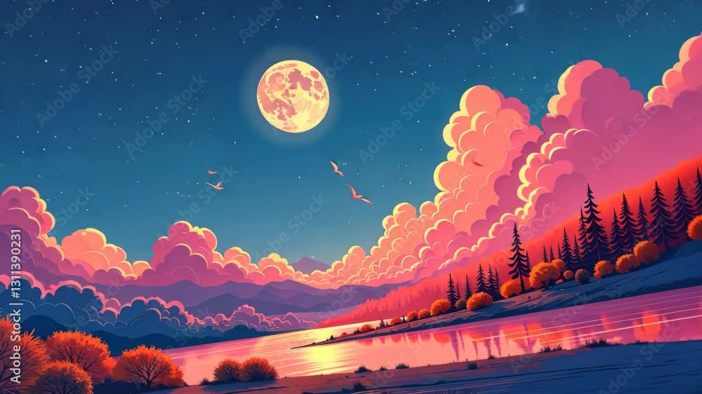Aufkleber a beautiful painting of a moonlit sky with a large pink moon. the sky is filled with clouds and the 