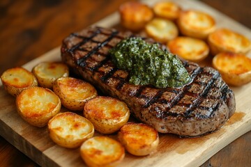 Grilled Steak with Roasted Potatoes and Herb Sauce