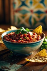 Authentic salsa served in a rustic bowl with crispy tortilla chips on a wooden table during a casual gathering