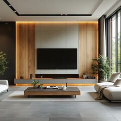  a TV wall, white oak wood paneling on the walls, light gray floor tiles, a coffee table and armchair in front of it, a black LED screen TV, white furniture, a green plant