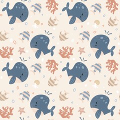 Seamless pattern with playful array of cute whales