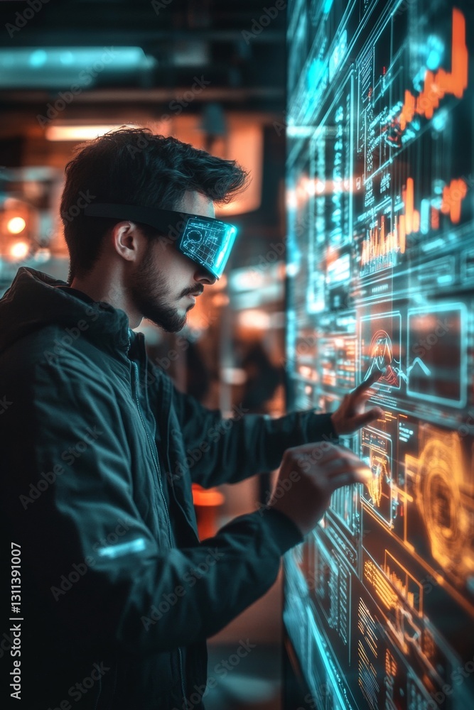Poster a man wearing a virtual reality headset is interacting with a computer screen