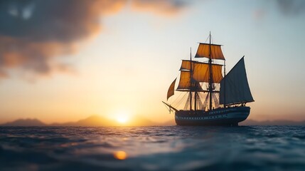 Fototapeta premium Low Angle View of a Massive Sailing Ship Silhouetted Against a Beautiful Dawn Sky