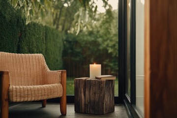 Cozy seating area with natural light, featuring wooden stool and