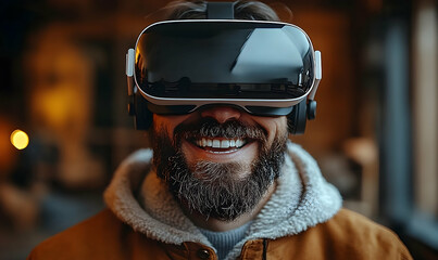 Enthusiastic man immersed in a virtual environment using modern headset