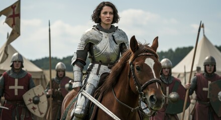 Obraz premium A brave female knight in shining armor sits atop a horse, holding a sword. Behind her, an army of medieval soldiers and tents create a scene of preparation for battle
