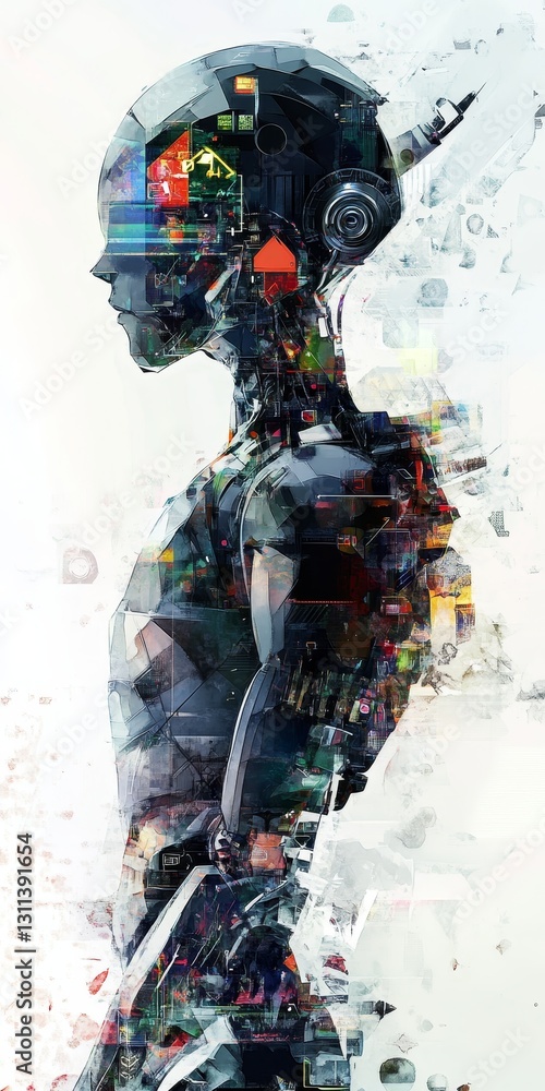 Aufkleber futuristic abstract robot profile with digital glitches and colors