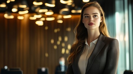 Obraz premium Confident Woman in a Stylish Suit Standing in Front of a Boardroom, Exuding Strong Leadership Presence While Giving an Inspiring Speech