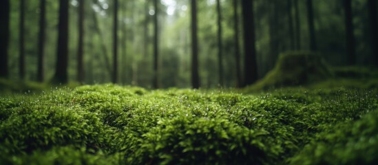 Fototapeta premium A detailed macro shot capturing glistening dewdrops on lush green moss.