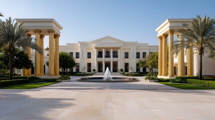 Obraz premium Magnificent Exterior of Luxury Palace with Elegant Columns and Fountain Surrounded by Lush Greenery