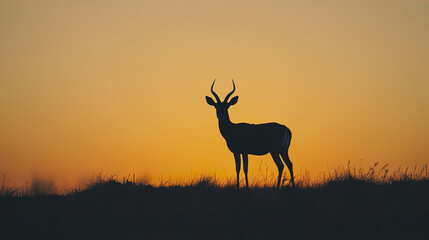 Silhouetted antelope at sunset on grassy hill