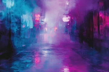 Naklejka premium Vibrant neon-lit alleyway with reflections and mist