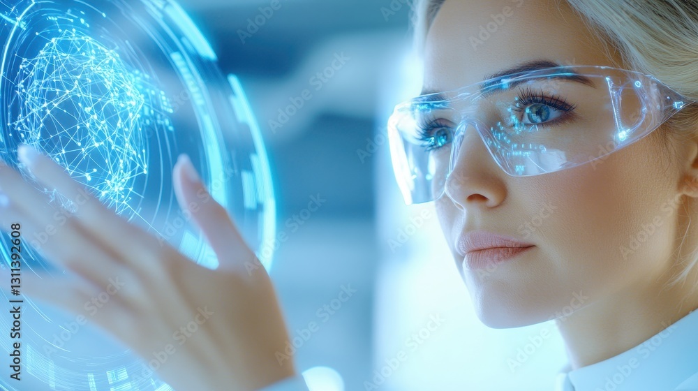 Poster professional examining virtual tech display closely.