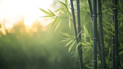 Towering Bamboo Stalks Reaching Towards a Misty Background at Sunrise or Sunset