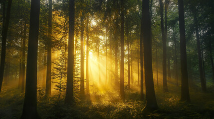 Misty forest with golden sunrise filtering through trees