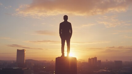 Fototapeta premium Silhouette Man Contemplating Sunrise Cityscape