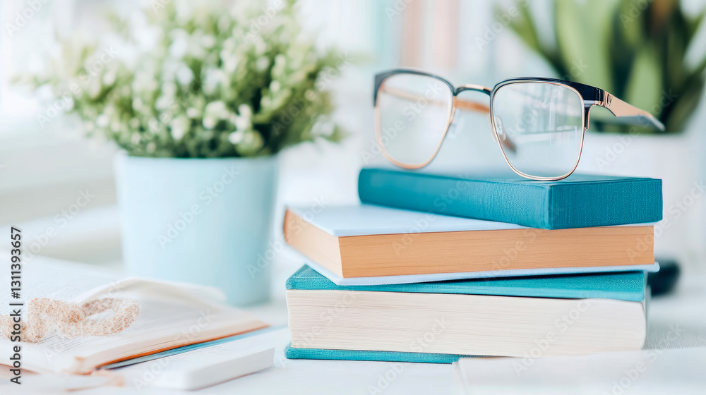 Poster educational setup: bookstack and eyeglasses on desk for schoolwork or literary reading