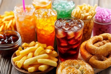 Refreshing Iced Drinks with French Fries and Snacks Tasty Food Cola Cold Meal Glass Treat Party     