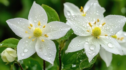 Obraz premium Macro photograph of alpine blossoms after a gentle rain, showcasing their translucent petals and shimmering water droplets.